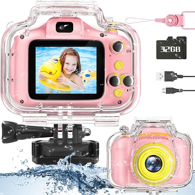Kids Waterproof Camera - Birthday Gifts for 3 4 5 6 7 8 9 10 Year Old Girls 2 Inch IPS Screen Underwater Action Camera with 32 GB SD Card, Pool Toys for Kids Age 8-12 Pink