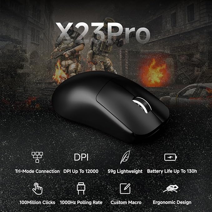 X23Pro Wireless Gaming Mouse, 2.4G/BT5.0/USB-C Esports Gaming Mouse, 800mAh Rechargeable Lightweight Mouse Gaming, 12000 DPI Wireless Mouse with 6 Programmable Buttons,for Laptop/PC/Mac, Black