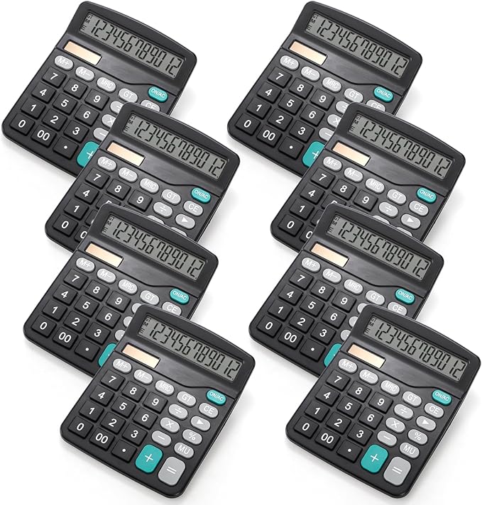 8 Pack Desktop Calculator 12 Digit, Solar Battery Basic Calculators, Dual Power Electronic Calculators with Large LCD Display, Sensitive Button Handheld Calculator for Office Home School, Black