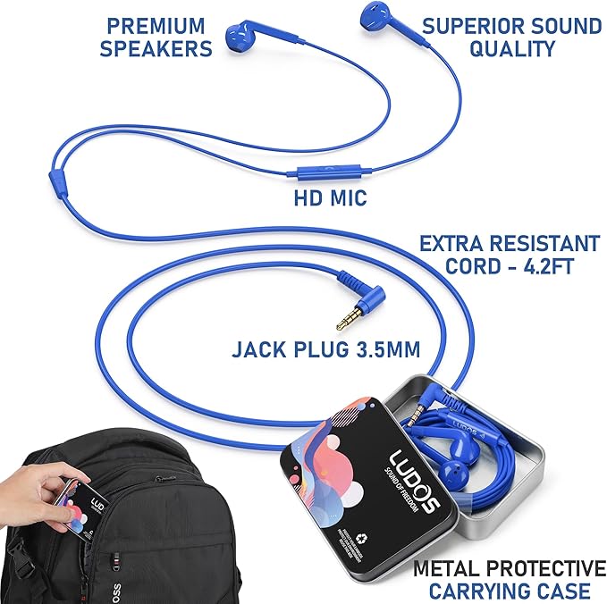 LUDOS FEROX Wired Earbuds in-Ear Headphones, 5 Years Warranty, Earphones with Microphone, Noise Isolation Corded for 3.5mm Jack Ear Buds for iPhone, Samsung, Laptop, Kids, School Students - Blue