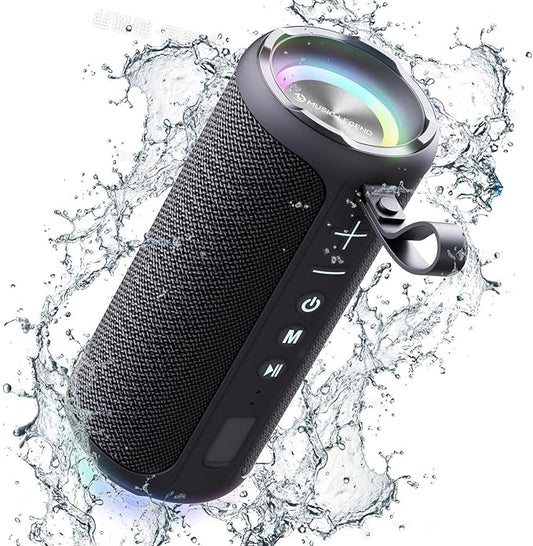 Portable Bluetooth Speakers, Multifunctional 20W Outdoor Waterproof High-Power Bluetooth Speaker with Dual Speakers, Bass Boost, IPX6 Water Resistance, RGB Lighting, & 2400mAh Battery (Black)