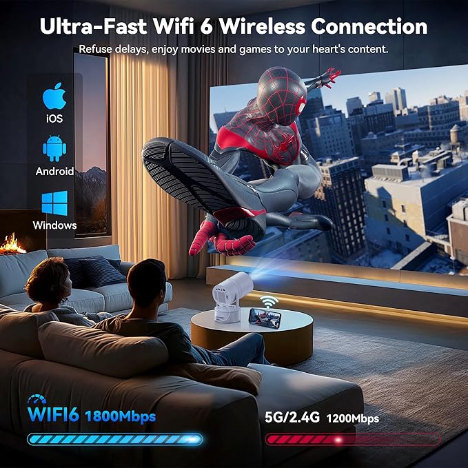 [270°Mount/Battery Powered/Built-in APPs] Projector with Wifi and Bluetooth, Native 1080P Smart Projectors with Built-in Rechargeable Battery, Home Movie Portable-Proyector with Auto Keystones