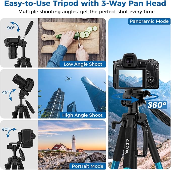 75" Heavy Duty Camera Tripod Stand with Bluetooth Remote - Max Load 15LB, Aluminum Travel Tripod for DSLR/Phone/Tablet/Projector, 3-Way Pan Head & Quick Release Plate, Compact Foldable Design (Blue)