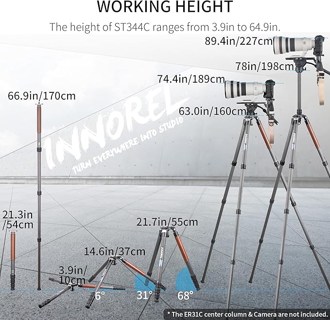 Carbon Fiber Tripod-INNOREL ST344C Professional Heavy Duty Camera Stand with 75mm Bowl Adapter Tube Leg 34.4mm, Max Load 77.2 lbs/35kg,Max Height 63 in/160cm for DSLR Travel Shooting No Mid-Column