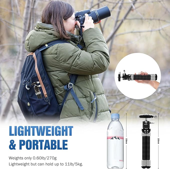 Carbon Fiber Mini Table Tripod with 360° Ball Head for Camera, Lightweight Desktop Tripod with Panoramic Base, 1/4" Arca QR Plate for Phone Adaptor/Projector/SLR, Max Height 10.43", Max Load 11LB/5KG