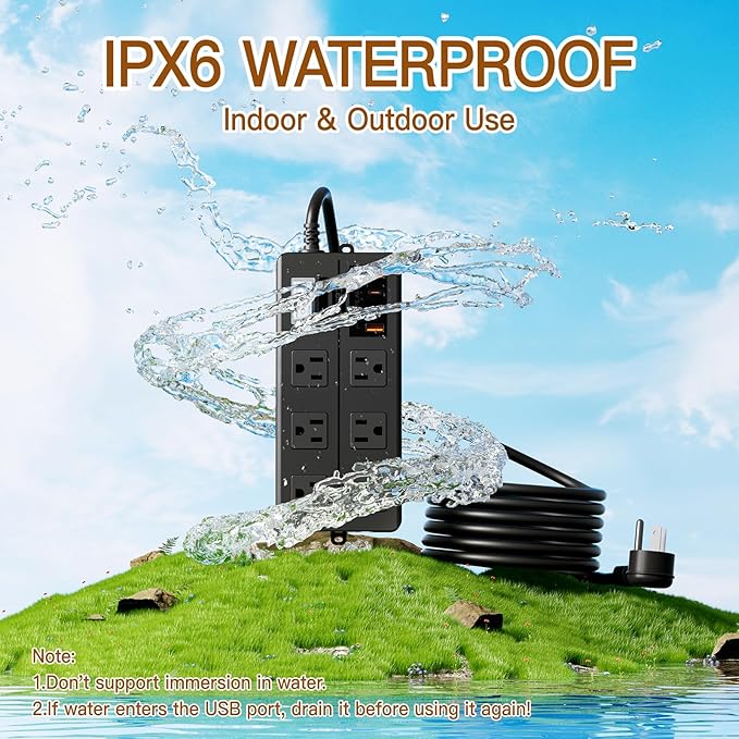 VNJ Outdoor Power Strip with 6AC Outlets + 4USB Ports, IPX6 Waterproof Surge Protector, Safety Lock Design and ETL-Certified Cables, 15FT Extension Cord for Home, Garden, and Commercial Use