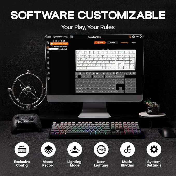 EPOMAKER TH108 Full Size Mechanical Keyboard, Wireless Gaming Keyboard with 8000mAh Battery, Creamy Gasket, 108 Keys, Hot Swap, Custom Driver, RGB Backlight (Black, Sea Salt Silent)