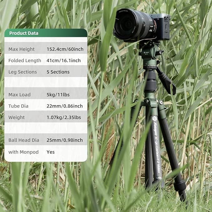 Fotopro 59" Carbon Fiber Travel Tripod, Compact Video Tripods with Fluid Head, Detachable Monopod with Arca-Swiss Quick Release Plate and Bag, Camera Tripod Load up to 8KG/17.63lbs, Green