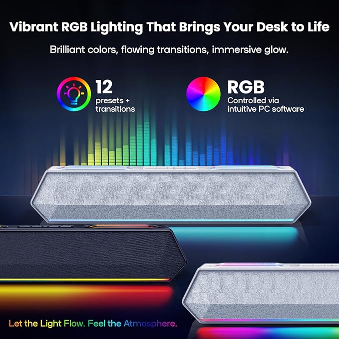 Deeyaple Computer Speakers, 40W Wireless Soundbar for Desktop PC with Bluetooth 5.3 & USB Audio,Software Custom EQ, Dynamic RGB Lighting, External Power Adapter Gaming Speakers, Laptop, Xbox (White)