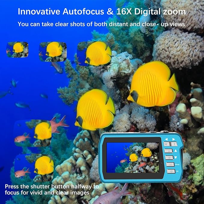 4K Underwater Camera, Full HD 4K&48MP Compact Floatable Camera, 10FT Waterproof Camera for Snorkeling, Surfing, Rafting, Dual-Screen for Selfie/16X Digital Zoom/Fill Light/Support 128GB Card(Blue)