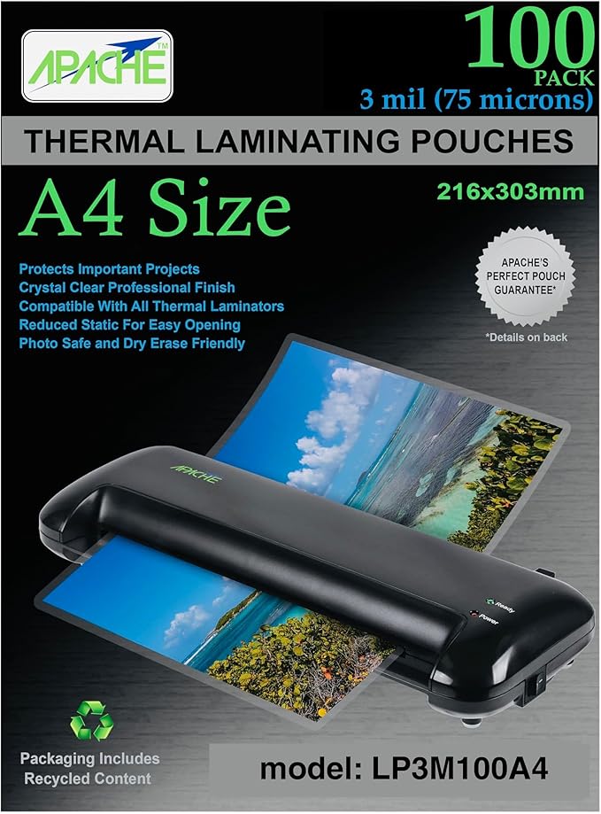 Apache Laminating Pouches 3 mil, for 8.27 x 11.69 inch A4 Size Paper, 8.5 x 11.93 inch Sheets, 100 Pack, Office & School Supplies, Thermal Laminator, Super Clear, 100-Pack, 3mil (75 Micron), A4 Sized