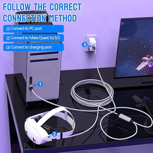 Link Cable for Meta/Oculus Quest 3s/3/2, 16FT Charging Cable Link, Connects Quest 3s and PC, 3 in 1 USB C Charging While Playing All Day, Providing Sufficient Power for VR Headsets (16FT)