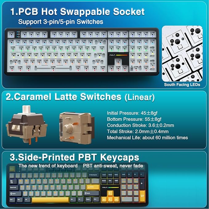 AULA F108 Wireless Mechanical Keyboard, BT5.0/USB-C/2.4GHz Hot Swappable Custom Gaming Keyboards, PBT Keycaps, Pre-lubed Switches, RGB Backlit Full Size Creamy Keyboard with Number Pad, 108 Keys