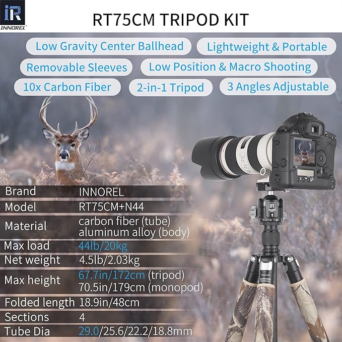 Carbon Fiber Tripod-RT75CM Super Professional Tripod Monopod Heavy Duty Compact Stand Support with 44mm/1.73in Low Gravity Center 360°Panoramic ballhead for Digital DSLR Camera, max Load 20kg/44lb