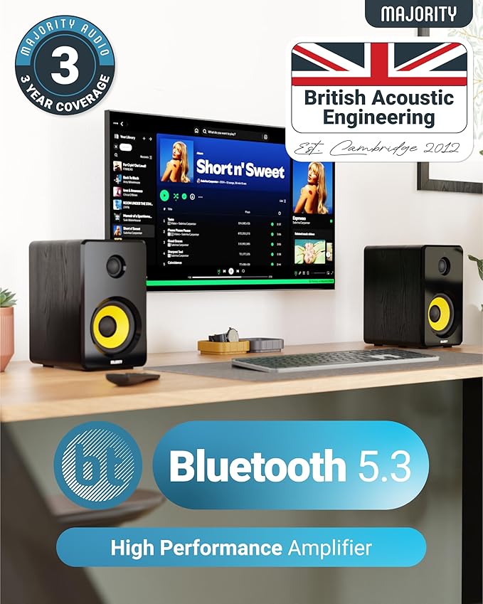 Majority Powered Bluetooth Bookshelf Speakers | Studio Monitors Speaker Set | 2.0 Home Studio Lecturers for PC & Turntables | Bluetooth Powered with RCA, Optical, USB & AUX Playback D40X