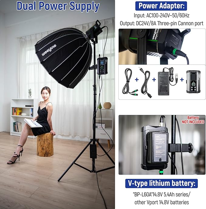 Weeylite Ninja 400 II LED Continuous Video Light, 150W 2800-6800K Bi-Color Bowens Mount Continuous Lighting App Control Dimmable LED COB Studio Lights with V-Mount for Photography Video Recording