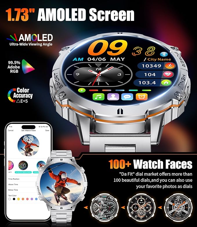 LIGE Smart Watches for Men with Compass/Barometer, 1,73'' HD AMOLED Large Display 3ATM Military Smartwatch with 900mAh Battery, 130+ Sports Modes, 24/7 Heart Rate/Sleep Monitor for Android iOS, Silver