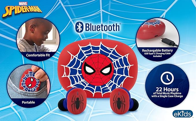eKids Spiderman Wireless Earbuds with Microphone, Bluetooth Earbuds with Charging Case for Ear Buds, Designed for School, Home, or Travel