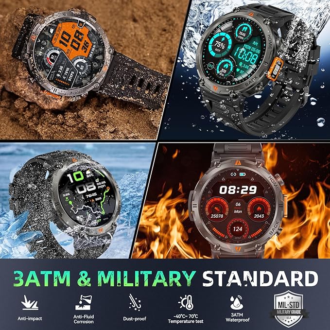 Military Smart Watches for Men Built-in GPS 3ATM Waterproof with Call/LED Flashlight, 1.45" Rugged Tactical Smartwatch with Compass, Fitness Tracker with HR/SPO2/Sleep Monitor for iPhone Android