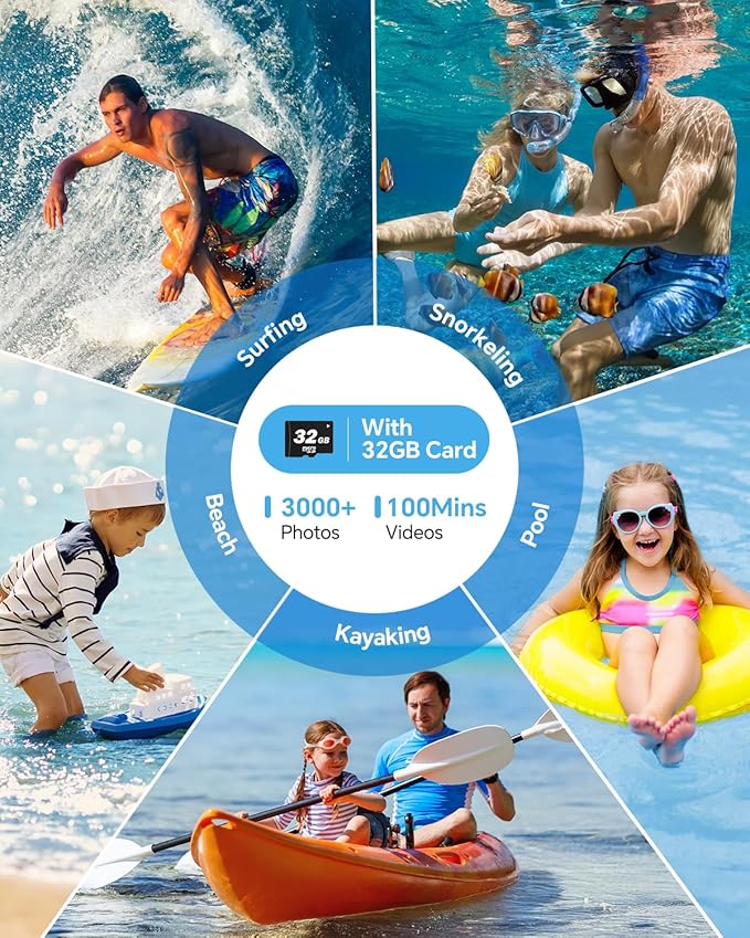 4K Underwater Camera Snorkeling 11FT Waterproof Camera 64MP Autofocus with 32GB Card Dual Screens Selfie 16X Zoom Floatable Compact Digital Camera Waterproof with 2 Batteries (Blue)