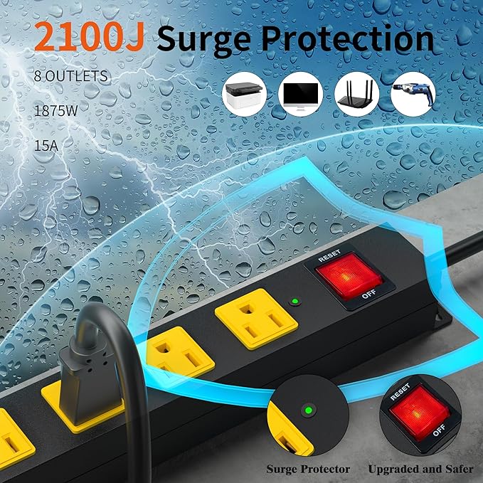 8 Outlet Power Strip 2100J Surge Protector, 15FT Heavy Duty Extension Cord Wide Spaced Outlet and Wall Mount Metal Powerstrip for Home Office Garage Workshop