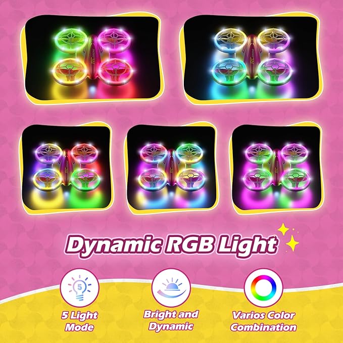 LED RC Drone for Kids 6+, Christmas Birthday Gift for Boys & Girls with Remote Batteries, 360° Flips, 3 Speed Modes, 45 Min Flight Indoor and Outdoor Flying Toy - RoseRed Yellow