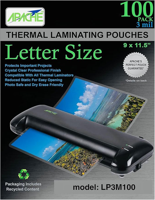 Apache Laminating Pouches 3 mil, for 8.5 x 11 inch Letter Size Paper, 9 x 11.5 inch Sheets, 100 Pack, Office and School Supplies, Thermal Laminator, Super Clear Sheets, 100-Pack, 3mil, Letter Sized