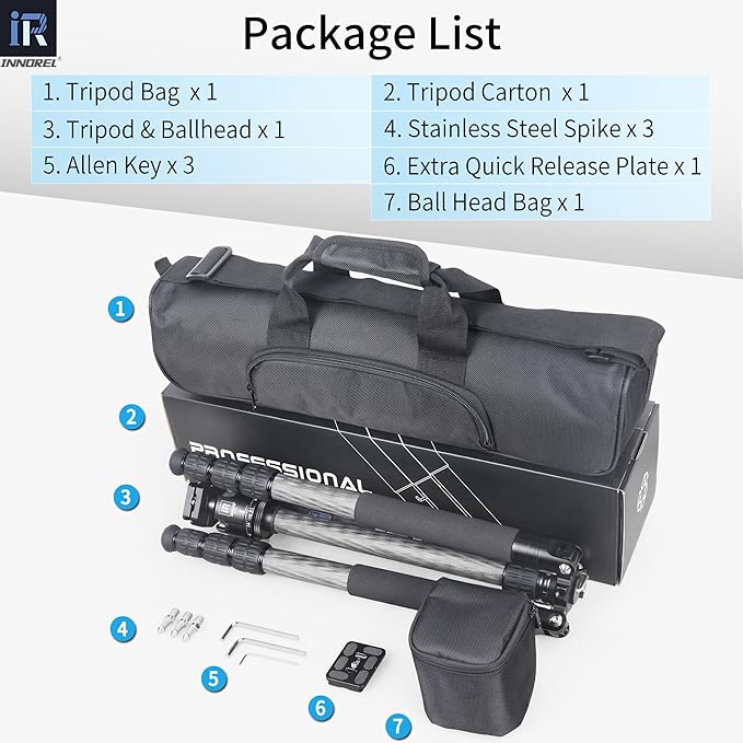 Carbon Fiber Tripod-INNOREL RT75C Super Professional Tripod Monopod Heavy Duty Stand Support Low Gravity Center 360°Panoramic ballhead for Digital DSLR Camera Black