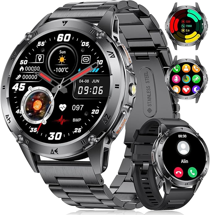 LIGE Military Smart Watch for Men iPhone Android 1.43" HD Amoled Rugged 120+ Sport Modes IP68 Waterproof Answer/Make Call Fitness Running Heart Rate Blood Pressure Health Mens Smartwatch EF6-A