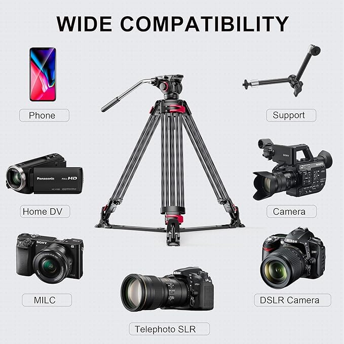 miliboo MTT609B Carbon Fiber Tripod Professional Tripods with Infinitely Damped Head,Video Tripod for Photography, Live Streaming, Videography,Working Height 33.5''-66'',33lbs Max Load,Customizable