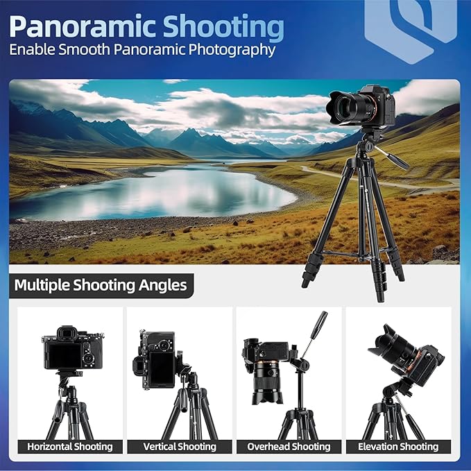 Fotopro 48" Camera Phone Tripod with 3-Way Head Phone Mount Remote Control, Aluminum Lightweight Portable Travel Tripod Stand for Camera Smartphone