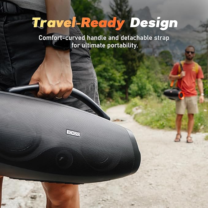 DOSS Extreme Boom Pro D200 240W Peak Outdoor Speaker, Punchy Bass, 26H Playtime, Beat-Synced Light, BT5.4, Stereo Pairing, IPX6 Waterproof for Camping, Beach, Tailgate Party-Black