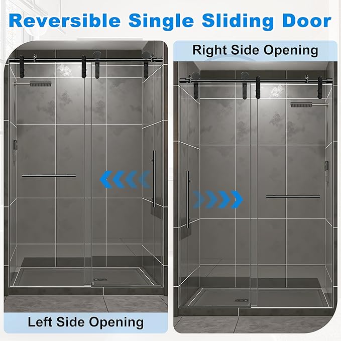 44-48" W x 76" H Frameless Shower Door Bathroom Sliding Shower Door 5/16"(8mm) Thick Tempered Glass Shower Door with Double Stainless Steel Handles for Walk-in Shower, Matte Black