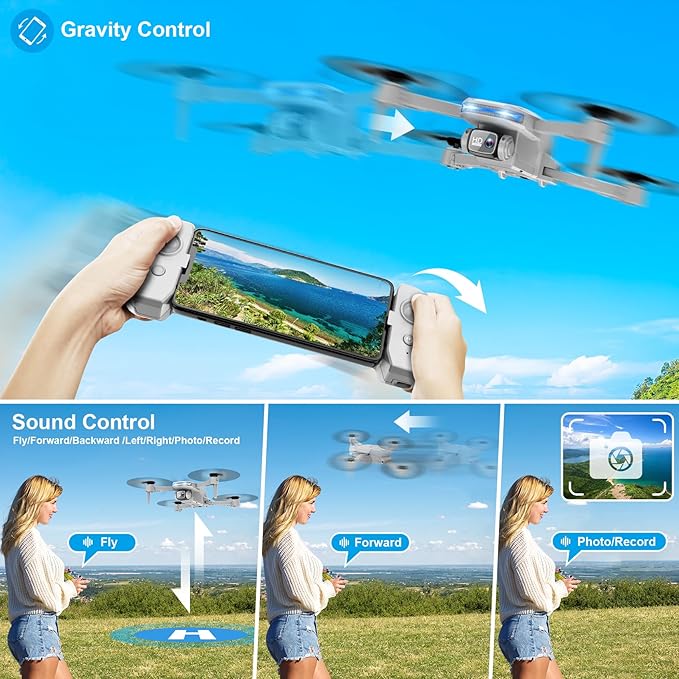 Drone with 1080P Camera - Foldable Remote Control Quadcopter with Voice Gesture Control, 3D Flip, One Key Start, Emergency Stop, 2 Batteries, Easier to use, Toy for Adults Beginners, Grey