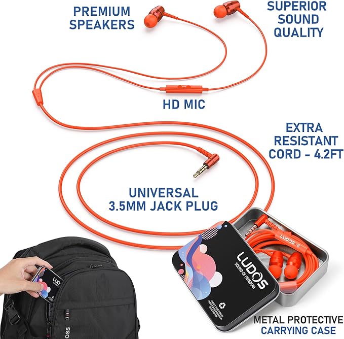 LUDOS OMNITONE Wired Earbuds in-Ear Headphones, 5 Year Warranty, Earphones with Microphone, 3.5 mm Jack Corded Ear Buds, Videoconference for iPhone, Samsung, Laptop, Kids, School Students - Coral