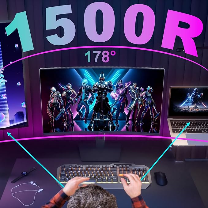 27 Inch Curved Gaming Monitor 180HZ QHD Height Adjustable, Professional PC 2K Monitors 2560 x 1440p Home Office Computer Screen, HDMI, DP, AdaptiveSync, 1500R, Build-in Speaker, 100 x 100 mm VESA