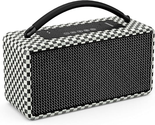 DINDIN Portable Bluetooth Speaker: 80W (Peak), 20H Playtime, Loud Wireless Wood Speakers with Bass, AUX and USB Input, Subwoofer, TWS Pairing, Vintage Speaker for Outdoor, Home, Office (White+Black)