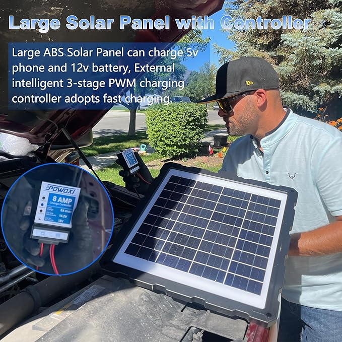POWOXI-Upgraded-20W-Solar-Battery-Charger-Maintainer, External Smart 3-Stages PWM Charge Controller, 12V Solar Panel Trickle Charging Kit for Car, Marine, Motorcycle, RV, etc