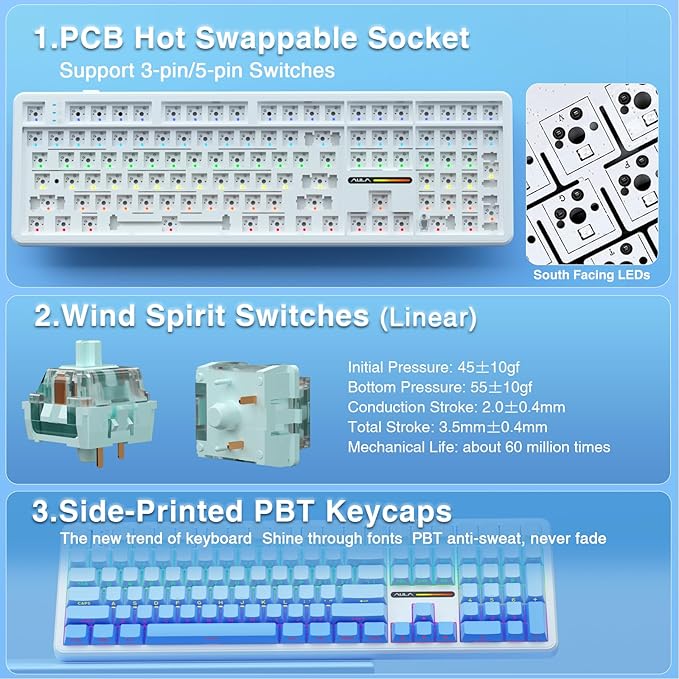 AULA F108 Wireless Mechanical Keyboard, BT5.0/USB-C/2.4GHz Hot Swappable Custom Gaming Keyboards, PBT Keycaps, Pre-lubed Switches, RGB Backlit Full Size Creamy Keyboard with Number Pad, 108 Keys