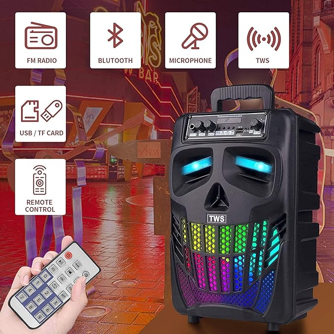 Portable Bluetooth Speaker with Subwoofer Wireless Speakers Outdoor/Indoor Big Support Remote Control FM Radio TF Card LED Lights MP3 Player Party for Home Camping iPhone Computer PC (B-S08)