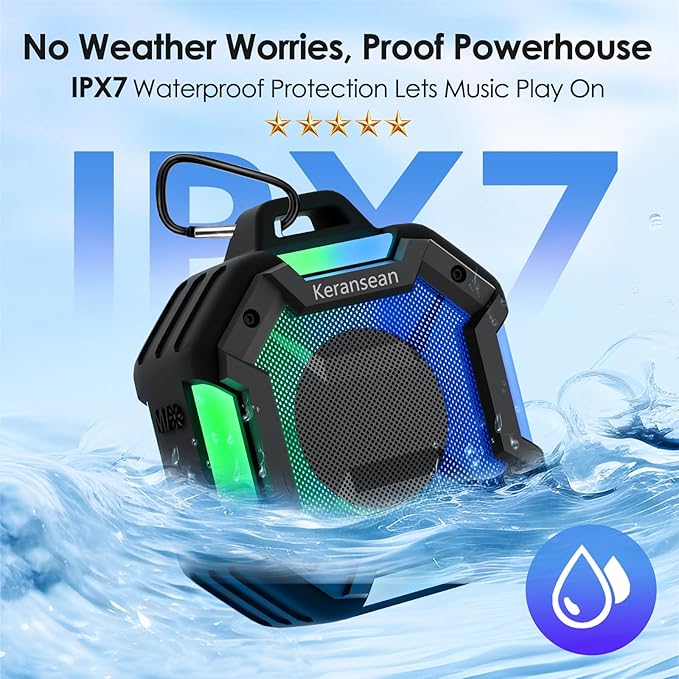 Bluetooth Shower Speaker - Portable Bluetooth Speakers, IPX7 Waterproof Shower Speaker Wireless, Outdoor Speaker with Lights, BT5.4, TWS Stereo Pairing for Paddle Board/Beach, Party, Black