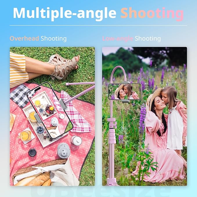 UBeesize 88’’ Flexible Phone Tripod with 14.95’’ Gooseneck, Remote and Phone Holder, Overhead Cell Phone Stand＆Selfie Stick for Video Recording, Compatible with iPhone Android Phone, Camera Pink