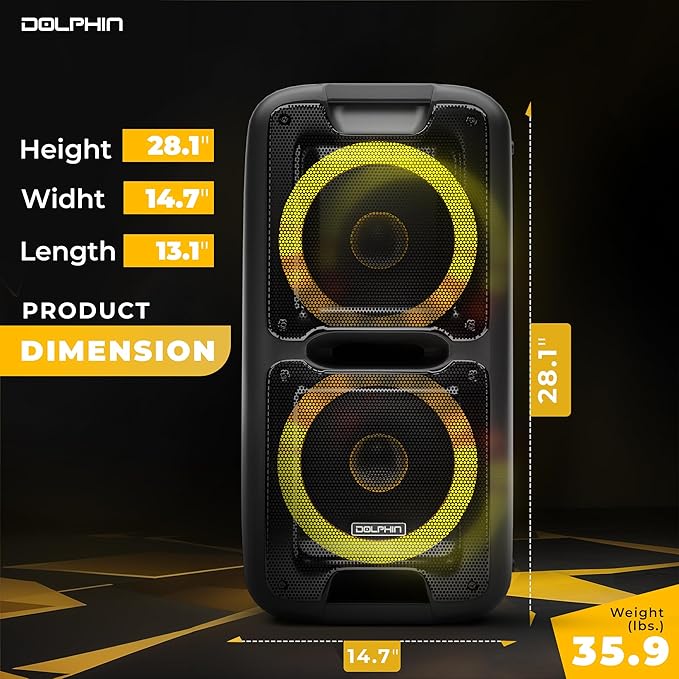 Party Speaker Dolphin Portable Bluetooth Speaker with Sound-Activated, TWS, Powerful X-Bass, Dual 10" Woofers, Long-Lasting Battery