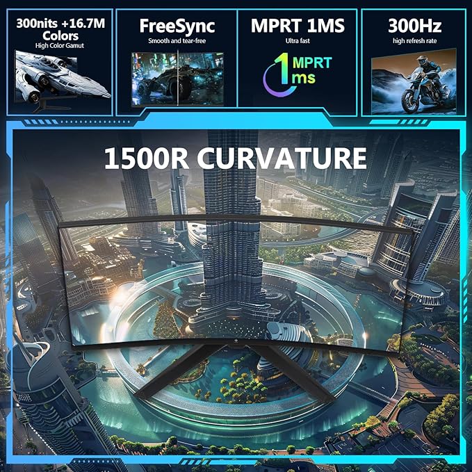 Z-Edge 27 inch Curved Gaming Monitor, FHD 1080P 300Hz 280Hz 240Hz Curved Monitor 1500R Computer Monitor, MPRT 1ms Monitor, 16.7M Colors, UG27S 2X DP 1.4 Ports and 2X HDMI 2.0 Ports