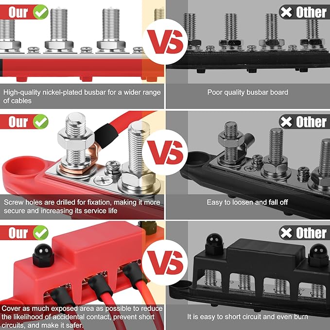 Bus Bar 12v Power Distribution Block 250A Bus Bar with 4 x 5/16" Studs Marine Battery Busbars Terminal Ground Distribution Block with Cover for Automotive, Boat, Car, Solar Wiring (Pair, Red & Black)