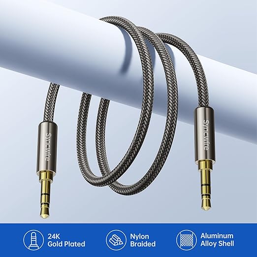SYNCWIRE 3.5mm Nylon Braided Aux Cable, Audio Auxiliary Input Adapter Male to Male Cord for Headphones, Car, Home Stereos, Speaker, iPhone, iPad, iPod, Echo & More - 1.64ft/0.5m, Gold Brown