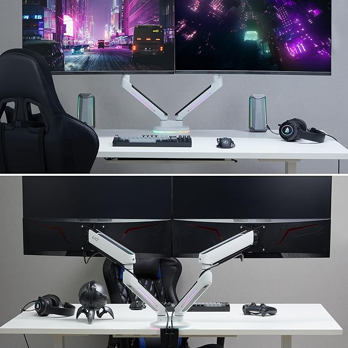 AVLT Dual 27”-43” RGB Gaming Monitor Arm Desk Mount Built-in 20 Lighting Modes Touch Button Control Fits Flat/Curved/Ultrawide Screen Height Swivel Tilt Rotation Adjustable Stand -White