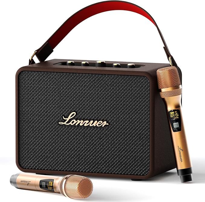 18000mAh Rechargeable 120W Loud Bass Retro Portable Karaoke Machine Bluetooth Speaker with 2 Wireless Microphones AUX Guitar Input for Adults (Brown)