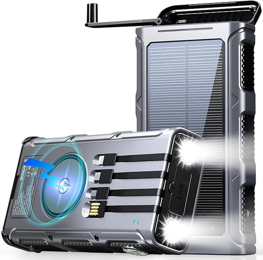 GOODaaa Power Bank Wireless Charger 45800mAh Built in Hand Crank and 4 Cables 15W Fast Charging Power Bank 7 Outputs & 4 Inputs Solar Portable Charger, SOS/Strobe/Strong Flashlights, Compass