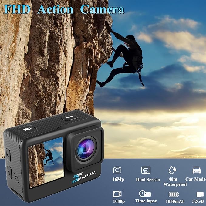 Action Camera with 32GB Memory Card Waterproof Cameras 4*Zoom Dual Screen 131FT(40m) Waterproof Underwater Camera with 2X Batteries and Multifunctional Accessories Action Cam